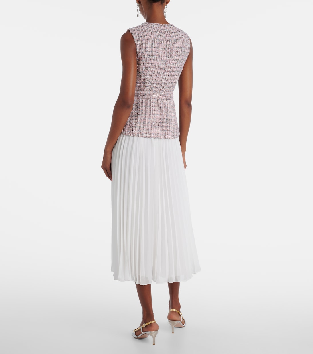 Vestido midi de bouclé y chifón | Self-Portrait
