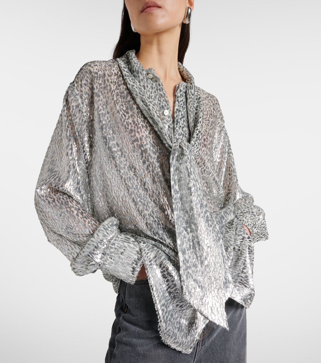 Leopard-print scarf-detail lamé shirt | Stella McCartney