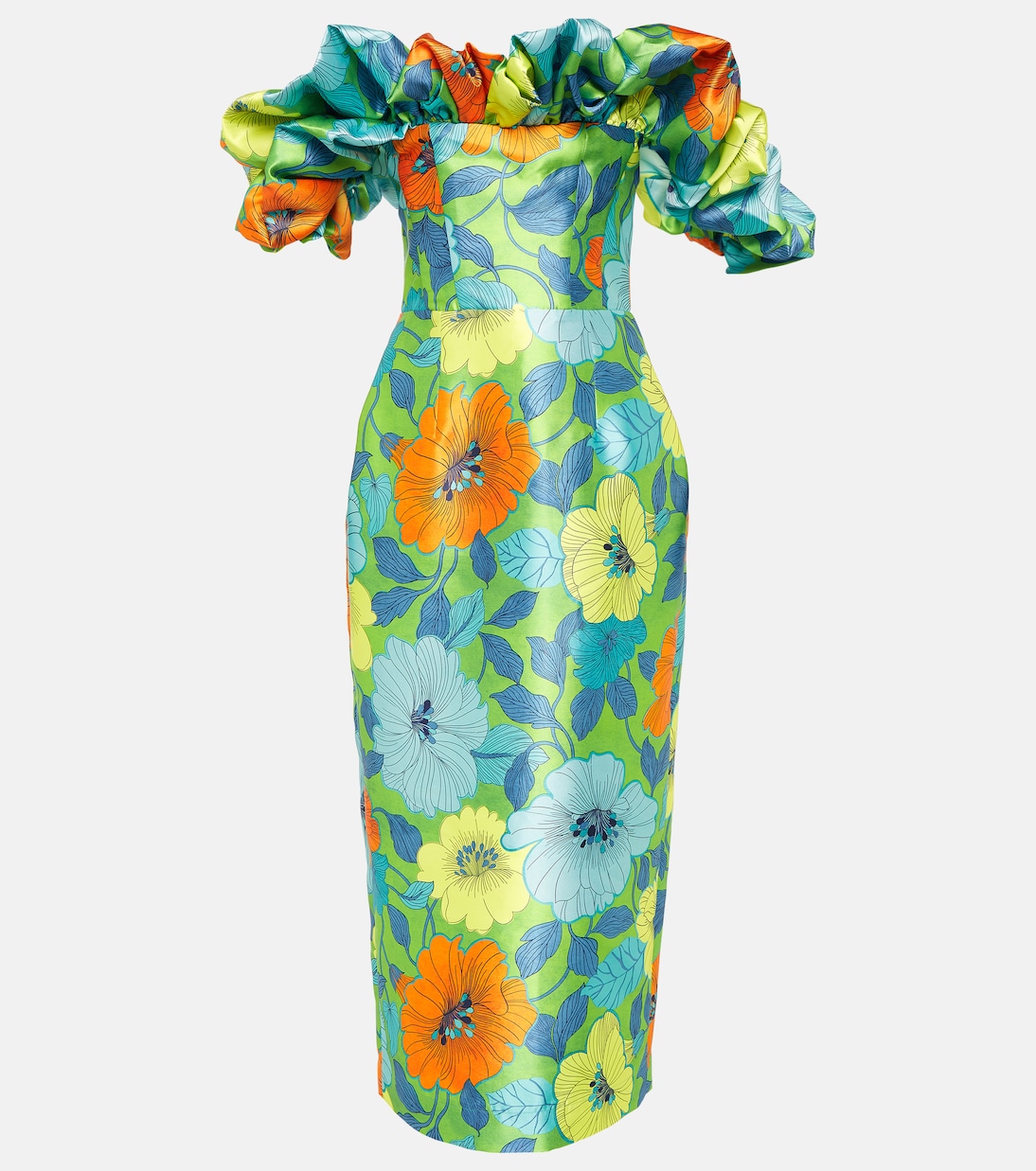 Floral ruffled satin midi dress | Alémais