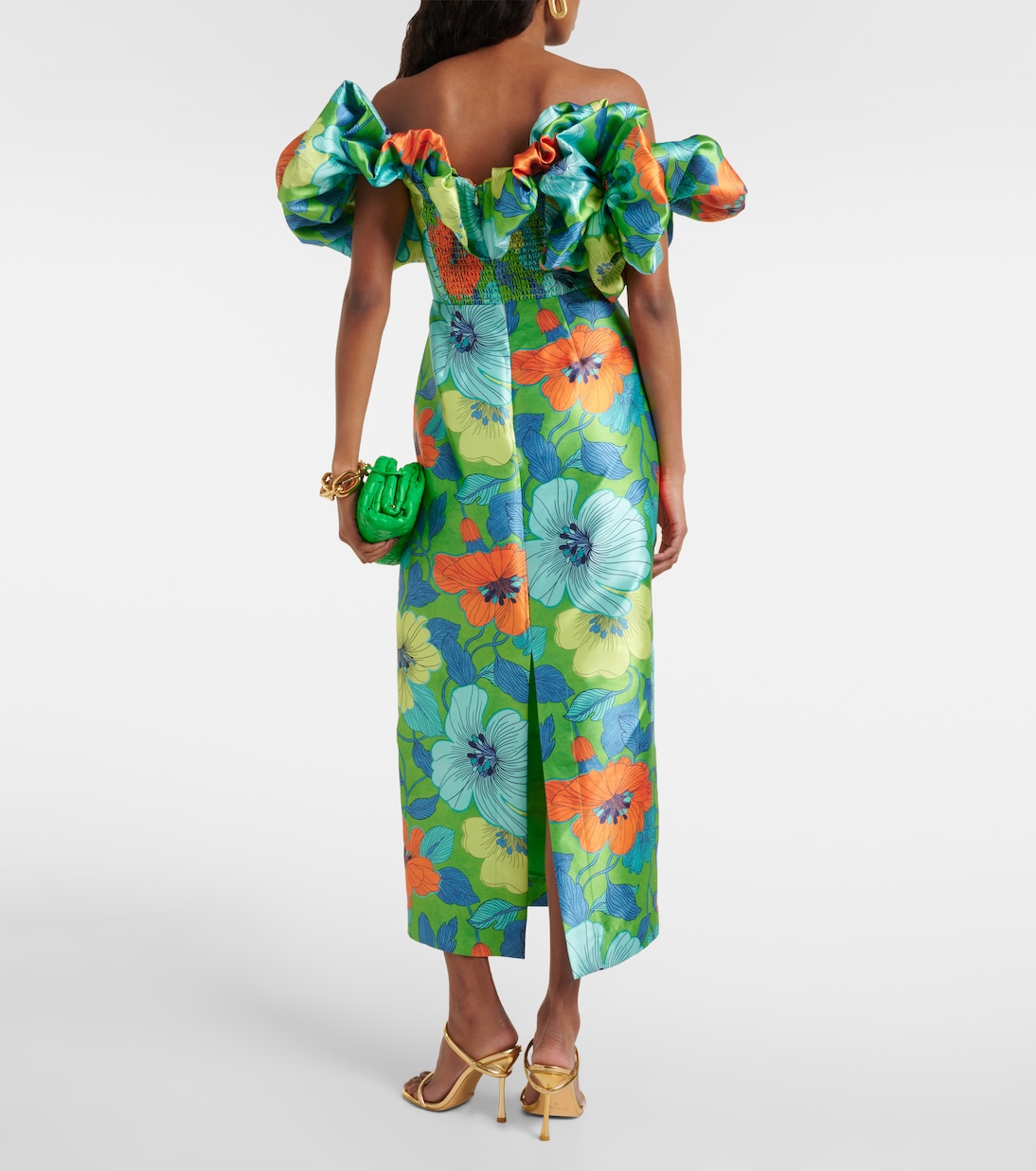 Floral ruffled satin midi dress | Alémais