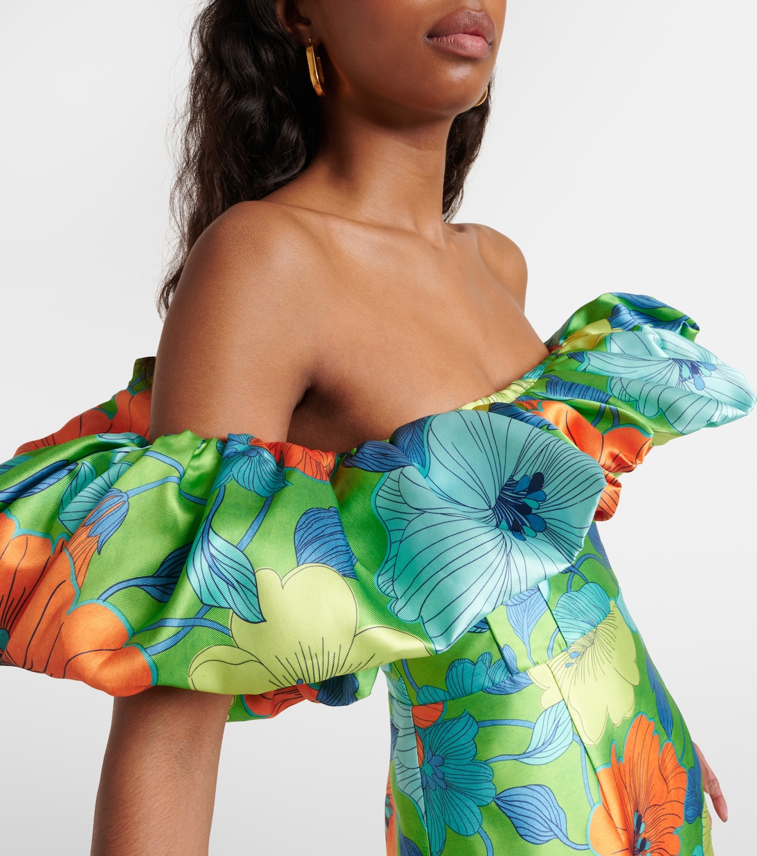 Floral ruffled satin midi dress | Alémais