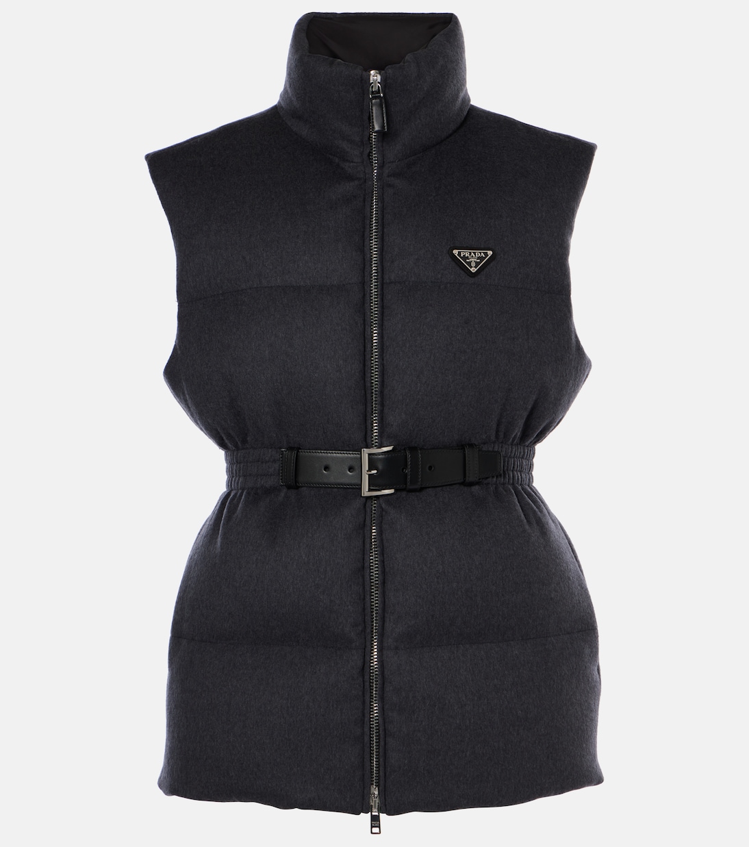 Leather trimmed wool down vest in grey Prada Mytheresa