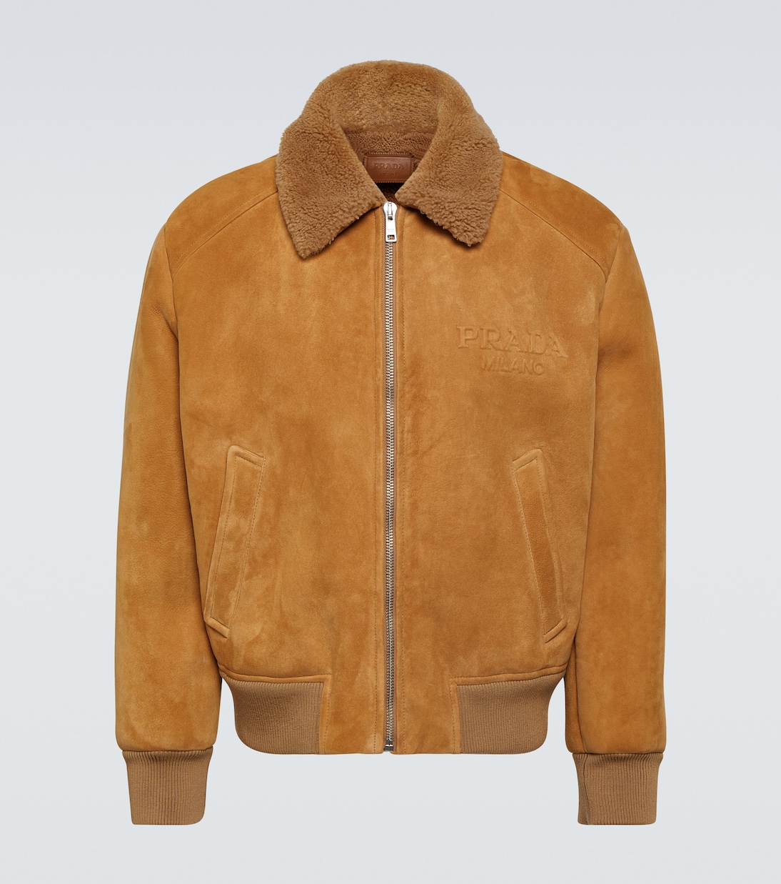 Shearling-trimmed suede bomber jacket | Prada