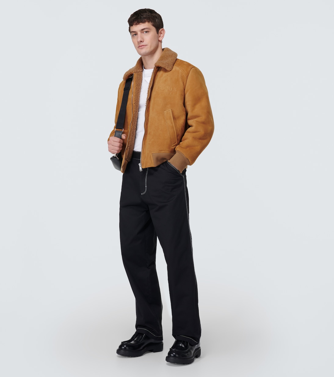 Shearling-trimmed suede bomber jacket | Prada