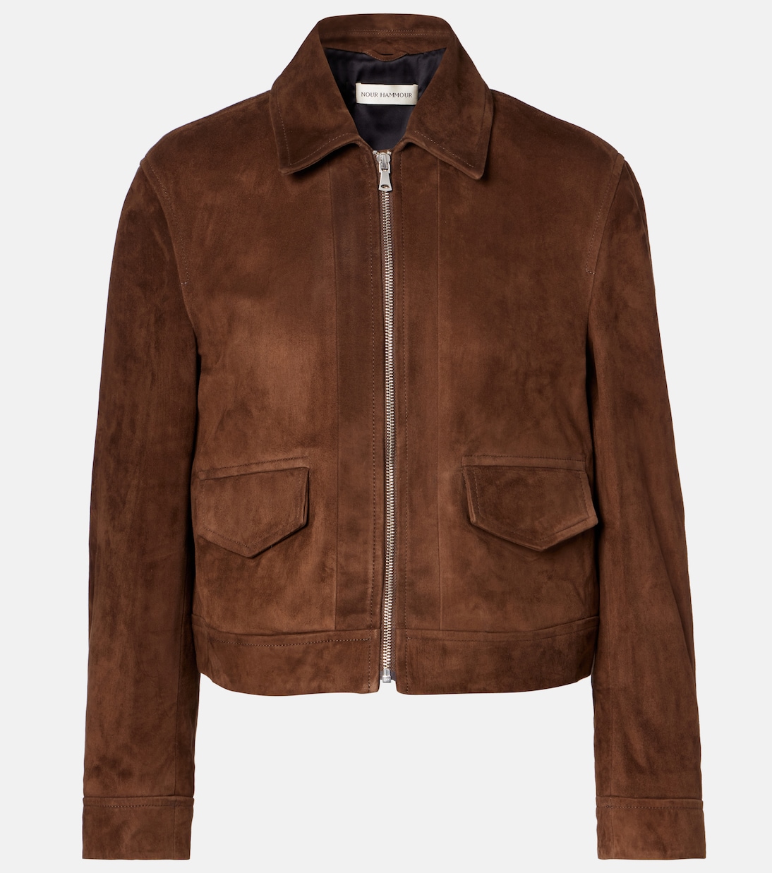 Veste bomber Brunette raccourcie en daim | Nour Hammour