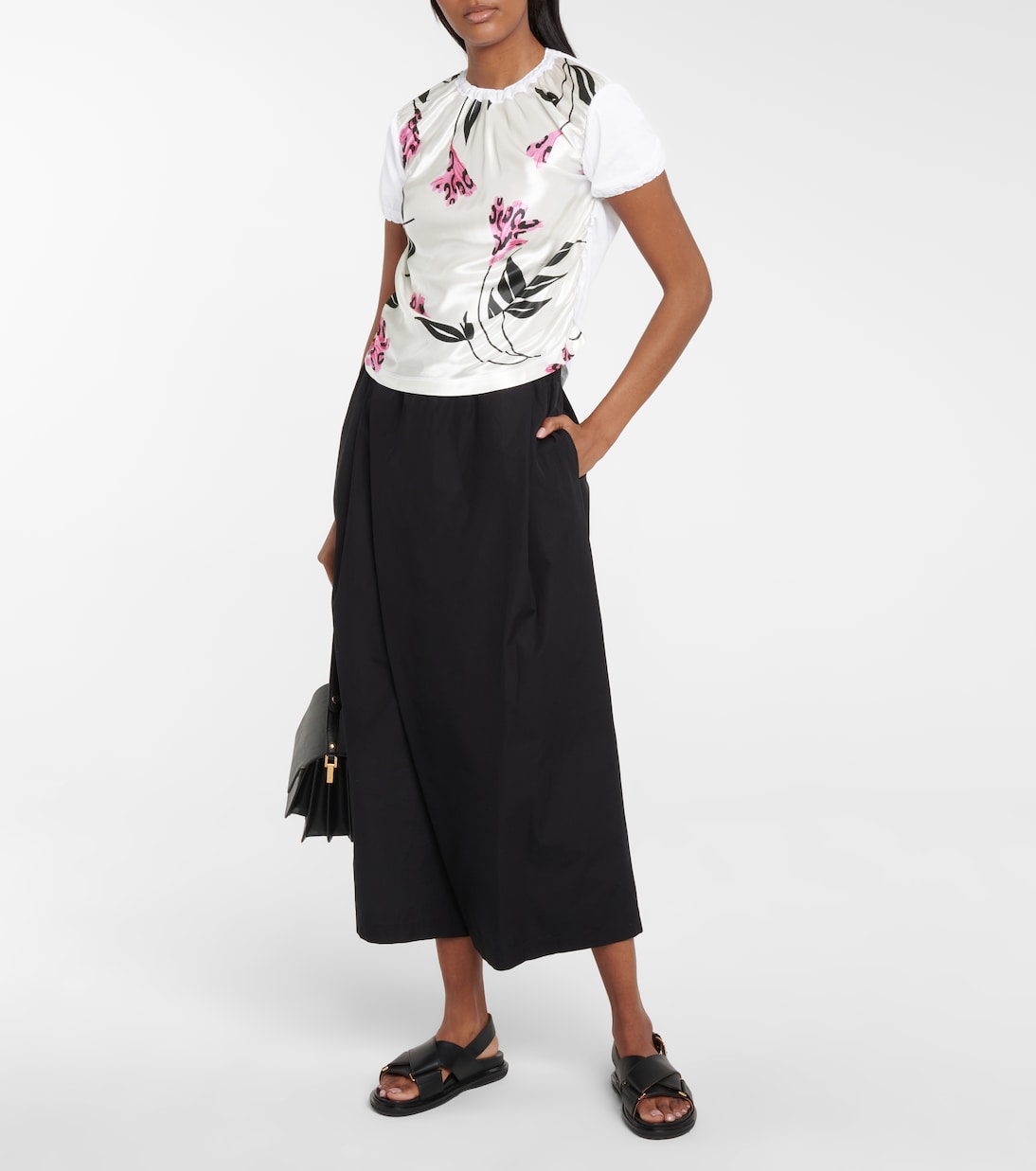 T-shirt a stampa floreale in raso e cotone | Marni