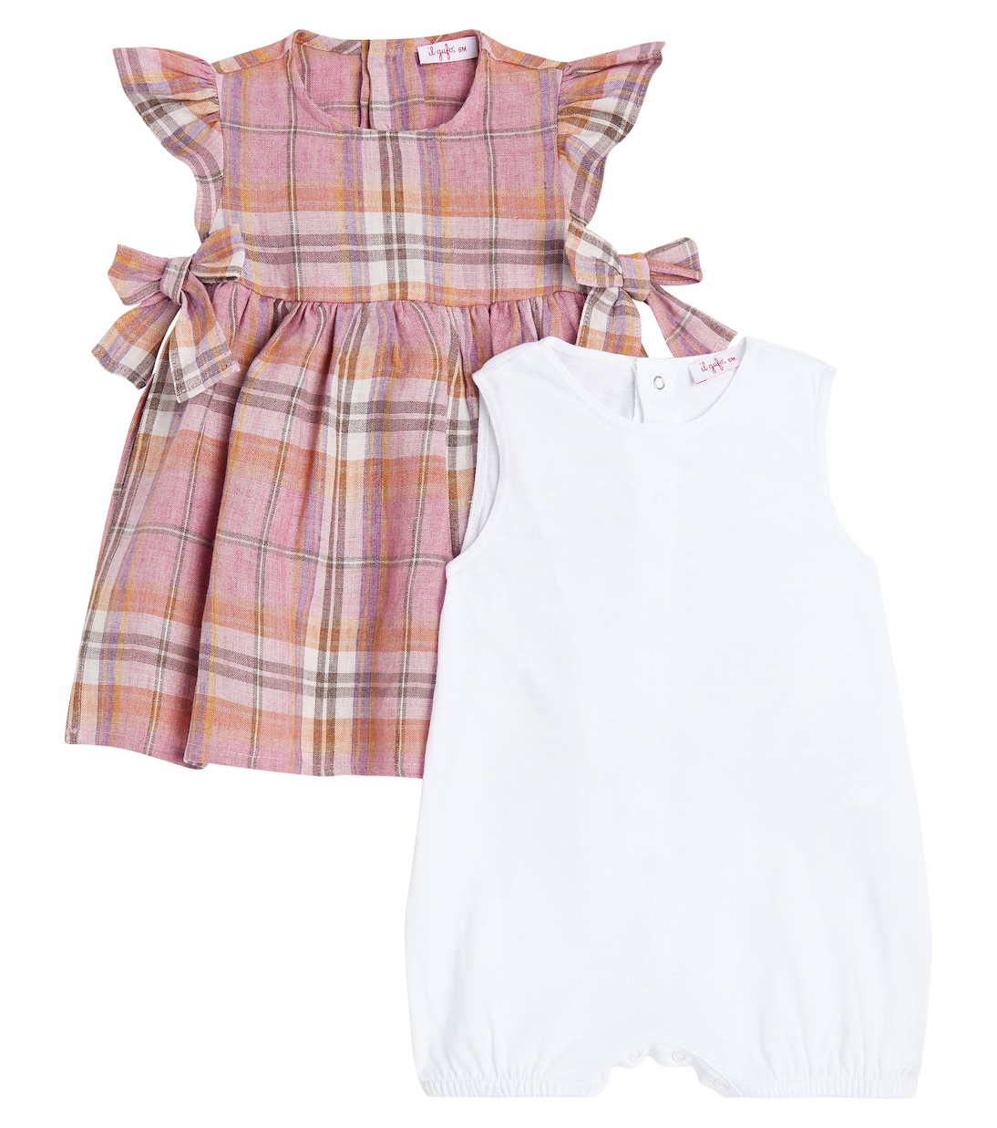 Bebé - set de mono y vestido de lino a cuadros | Il Gufo