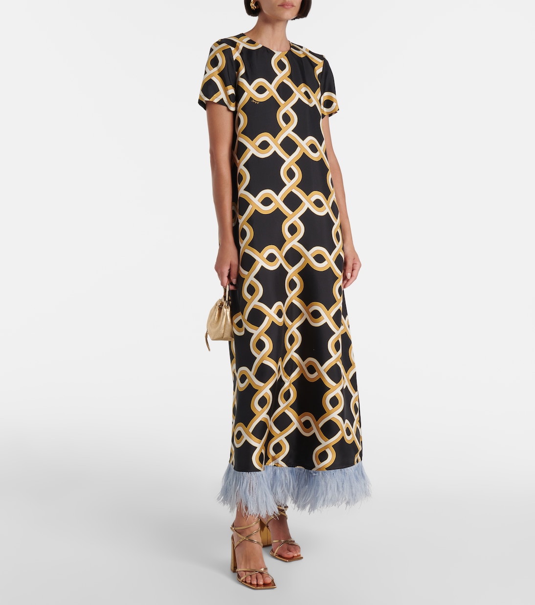 Maxikleid Swing aus Seiden-Twill mit Federn | La DoubleJ