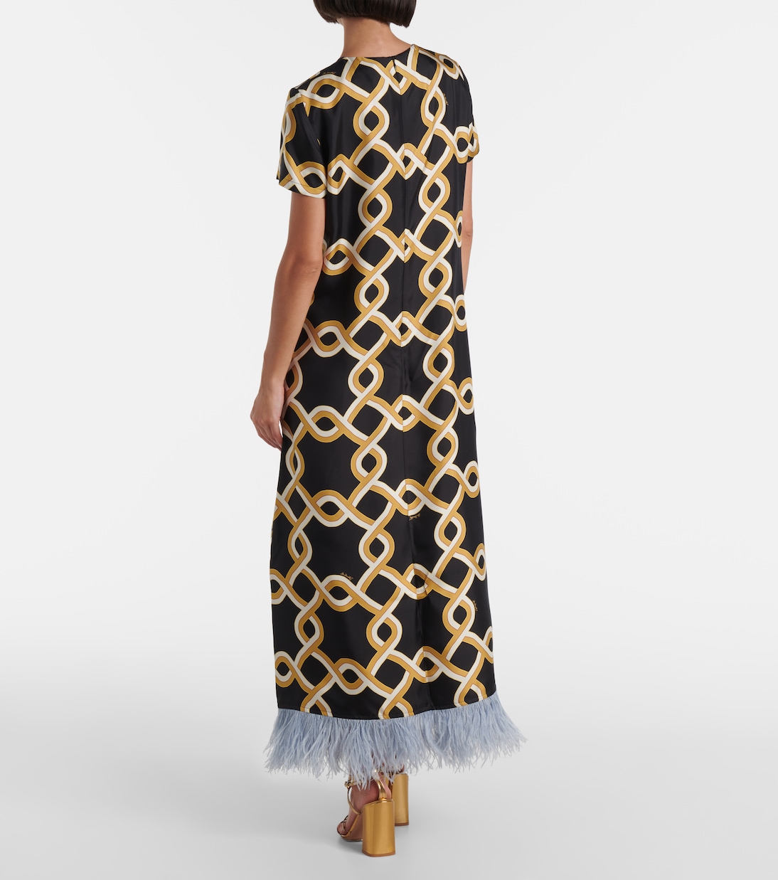 Maxikleid Swing aus Seiden-Twill mit Federn | La DoubleJ