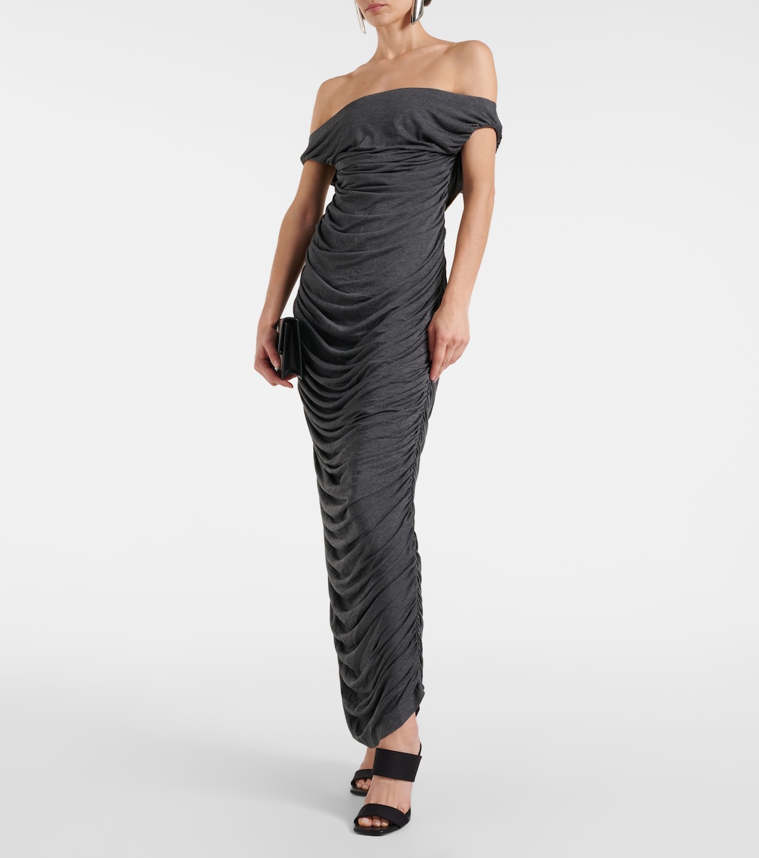 Gathered off-shoulder maxi dress in grey - Norma Kamali Gathered off-shoulder maxi dress in grey - Norma Kamali
