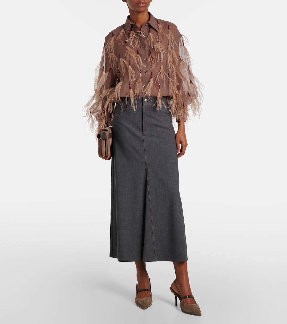 Hemd aus Seidenorganza mit Federn | Brunello Cucinelli