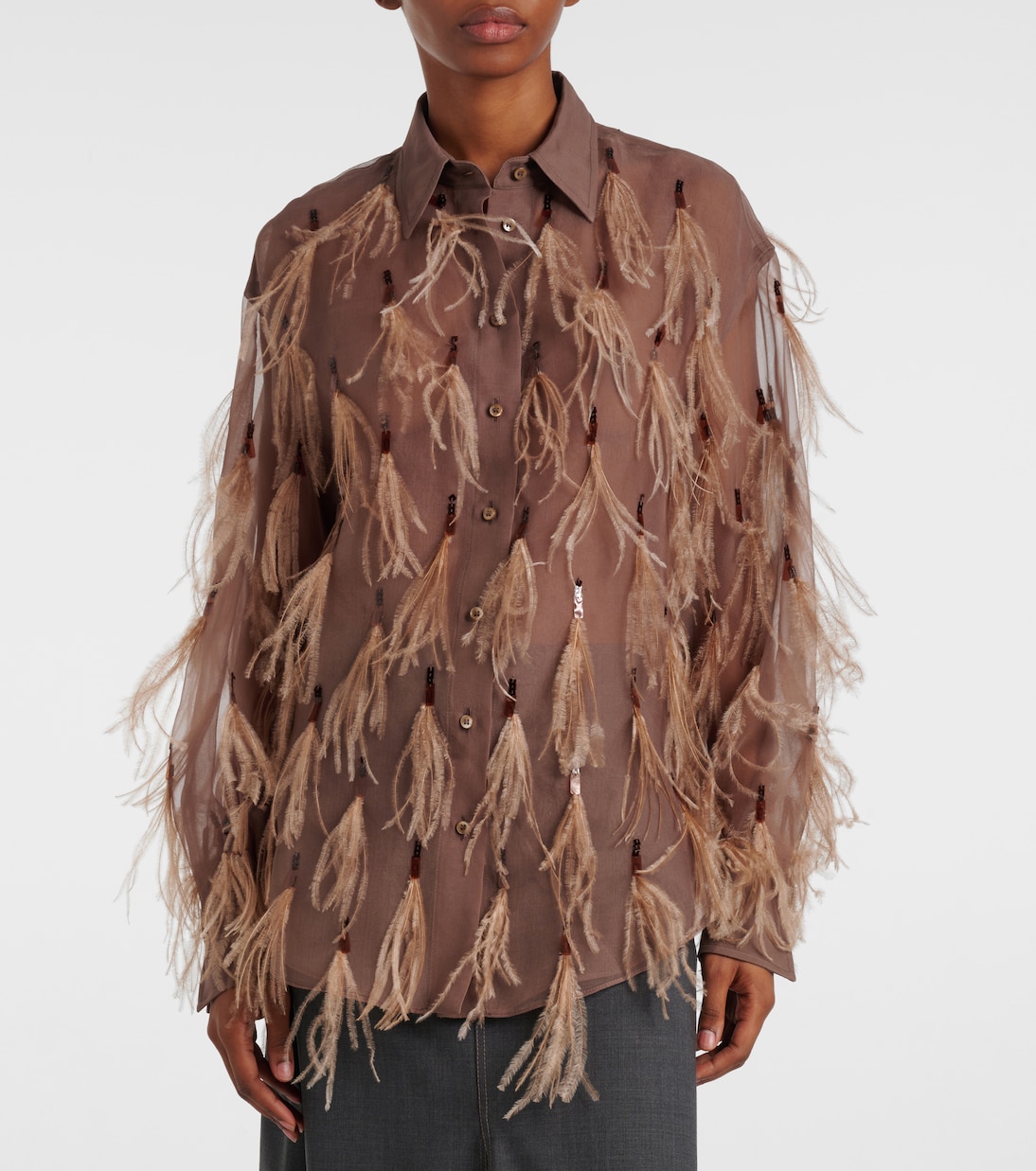 Hemd aus Seidenorganza mit Federn | Brunello Cucinelli