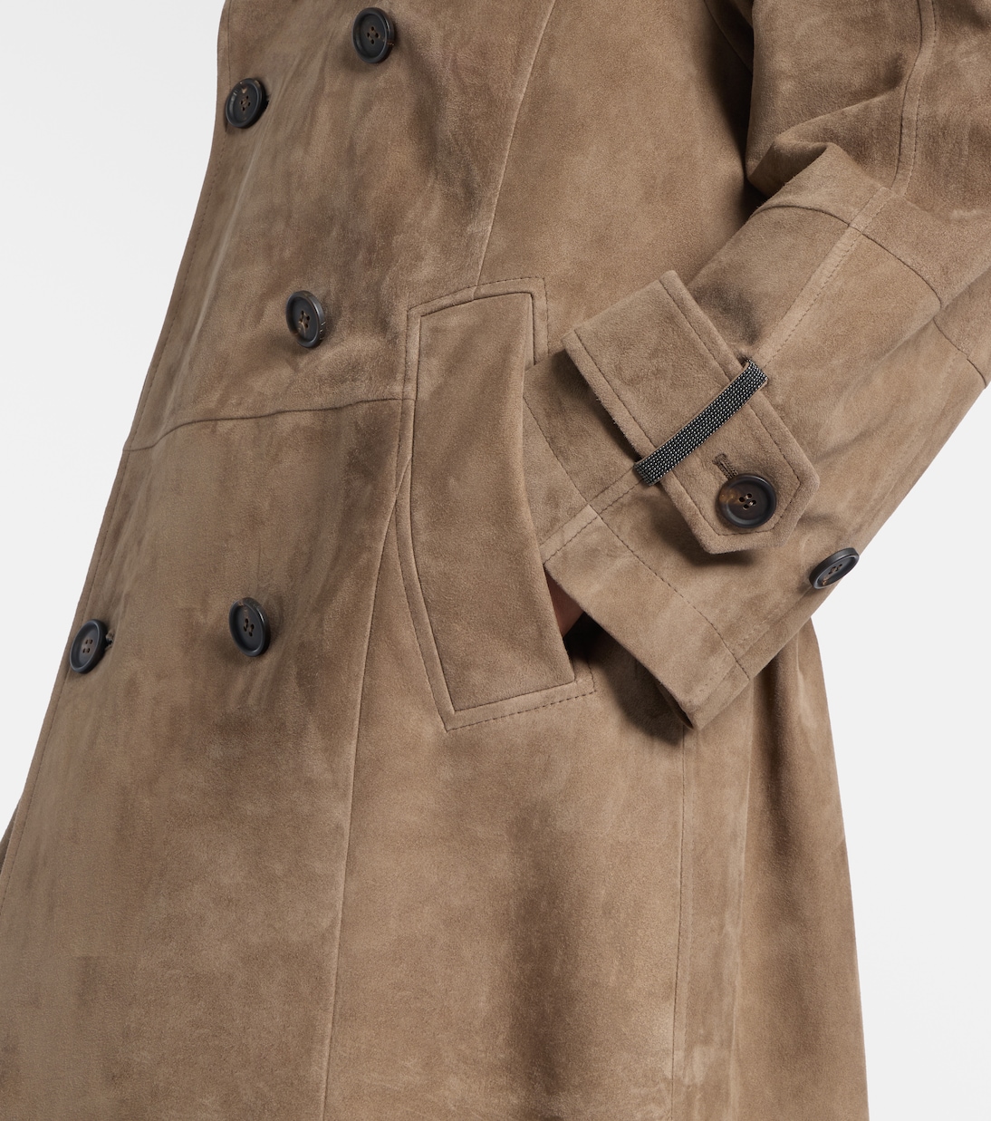 Double-breasted paneled suede coat | Brunello Cucinelli