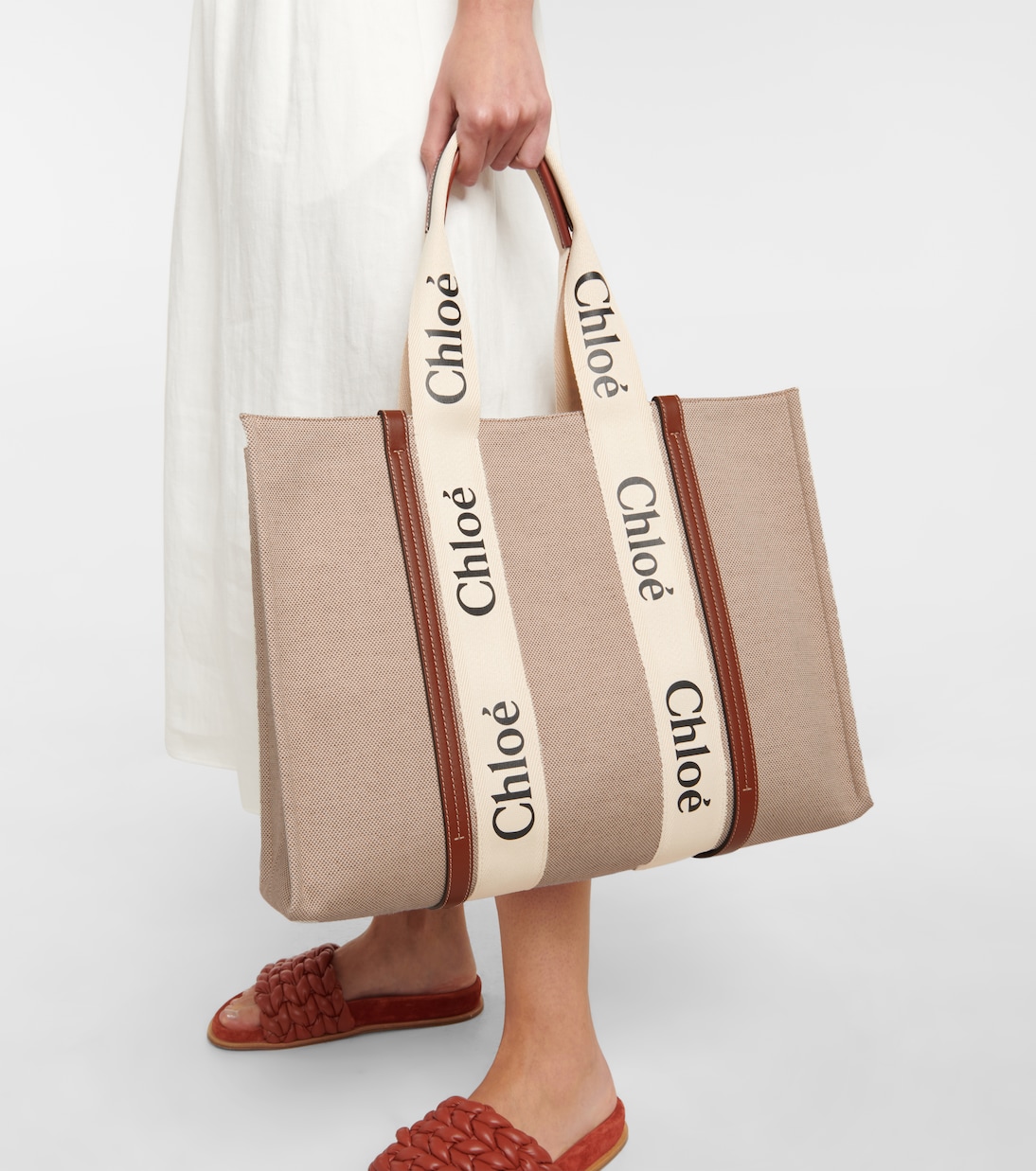 Woody Large canvas tote in beige Chloe Mytheresa