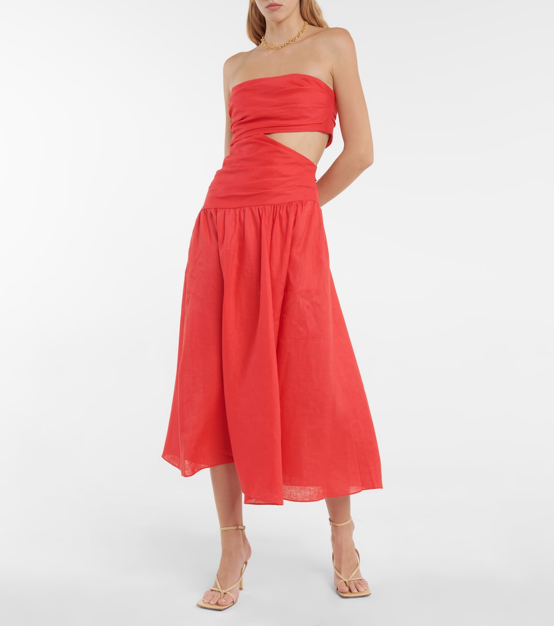 Lyre strapless linen midi dress in red Zimmermann Mytheresa