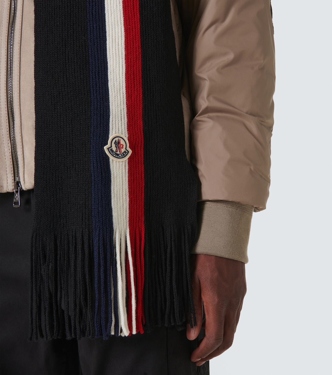Striped ribbed knit wool scarf in black Moncler Mytheresa