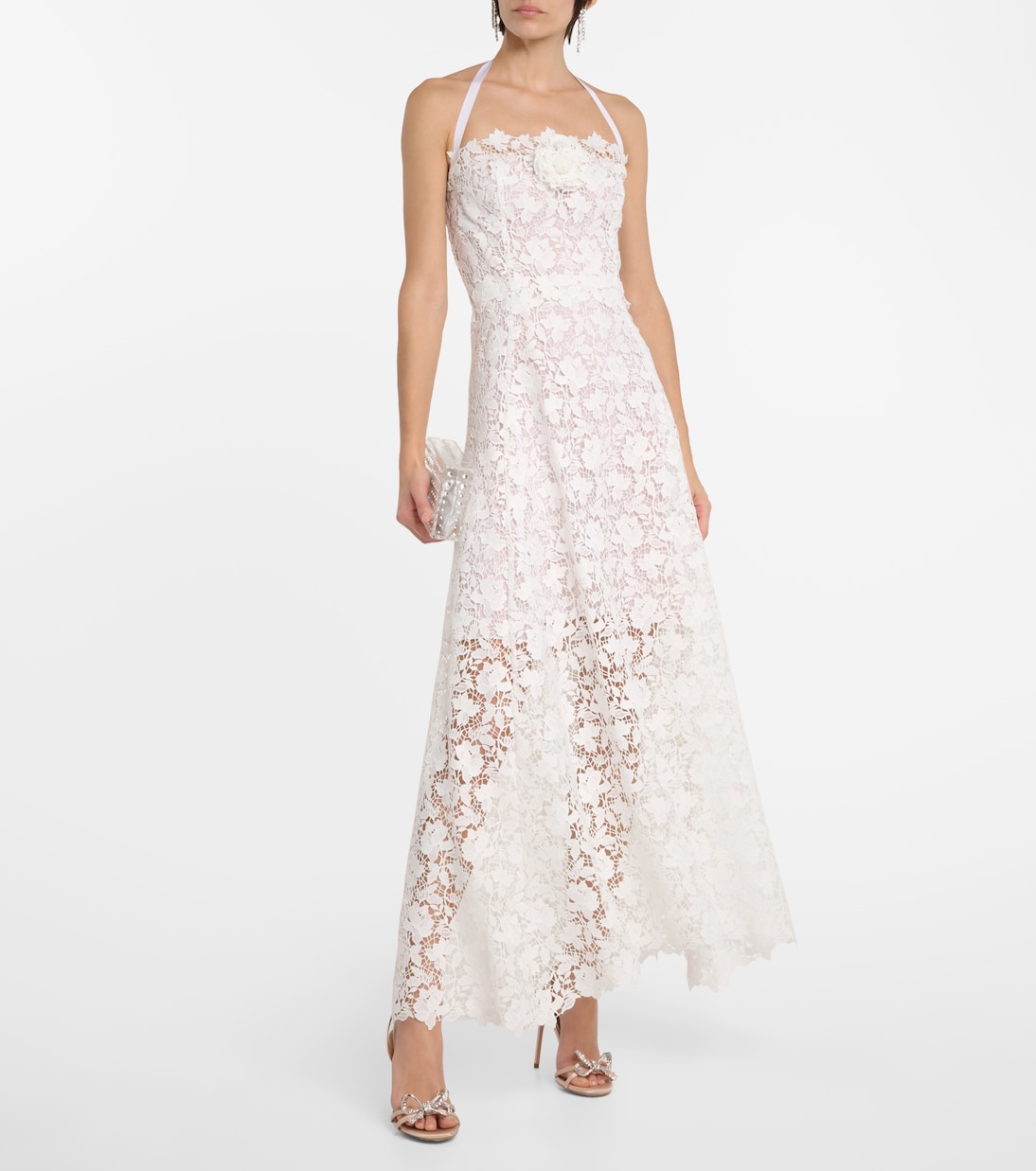 Floral-appliqué guipure lace gown in white - Oscar De La