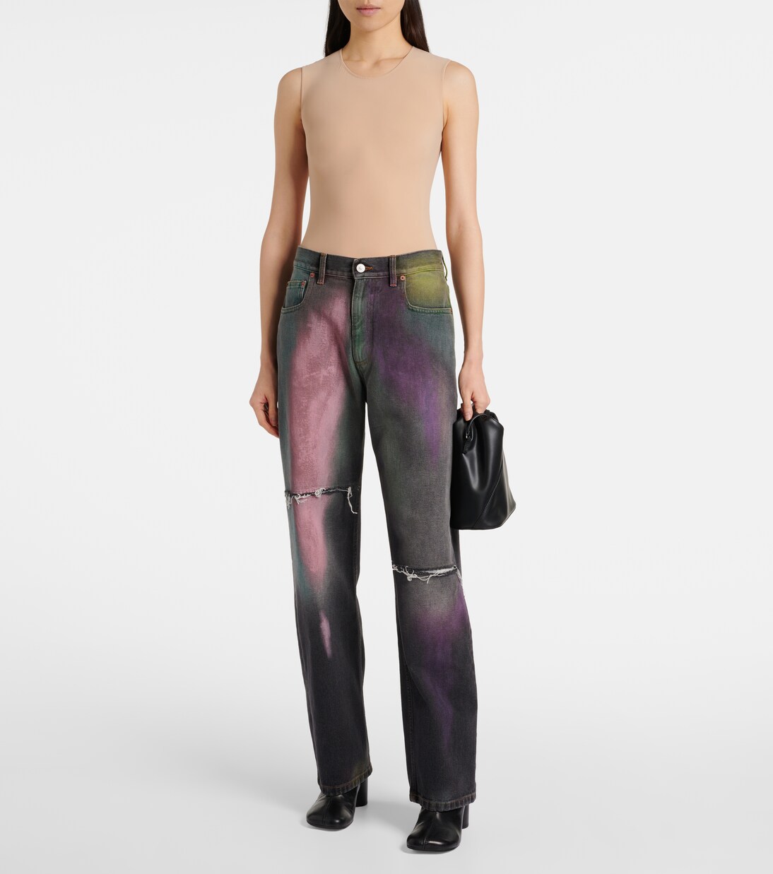 Printed distressed wide-leg jeans in black - MM 6 Maison