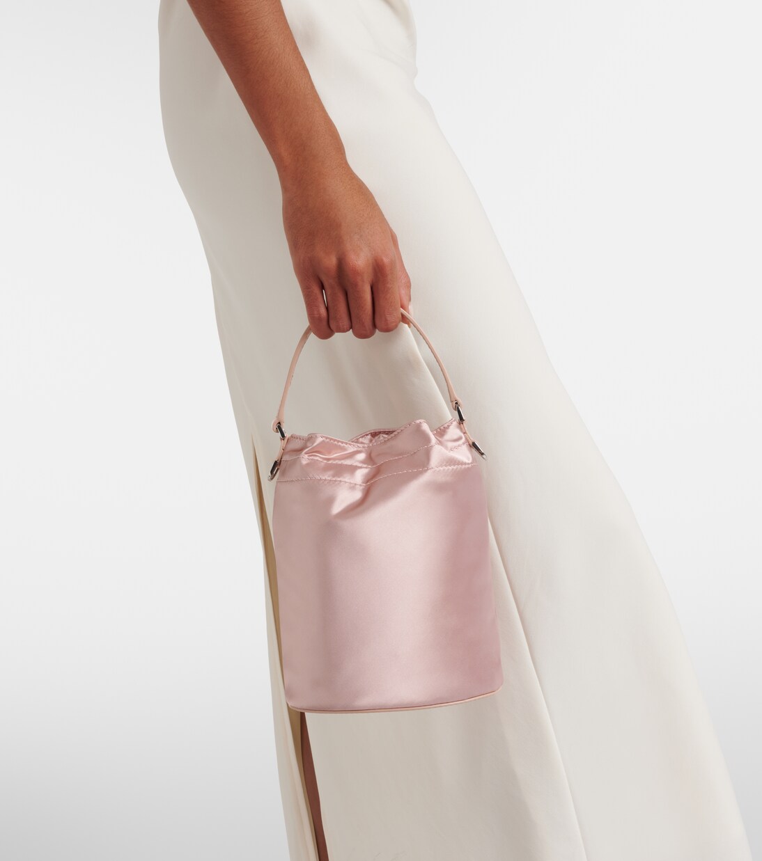 Lila leather-trimmed satin bucket bag | Staud