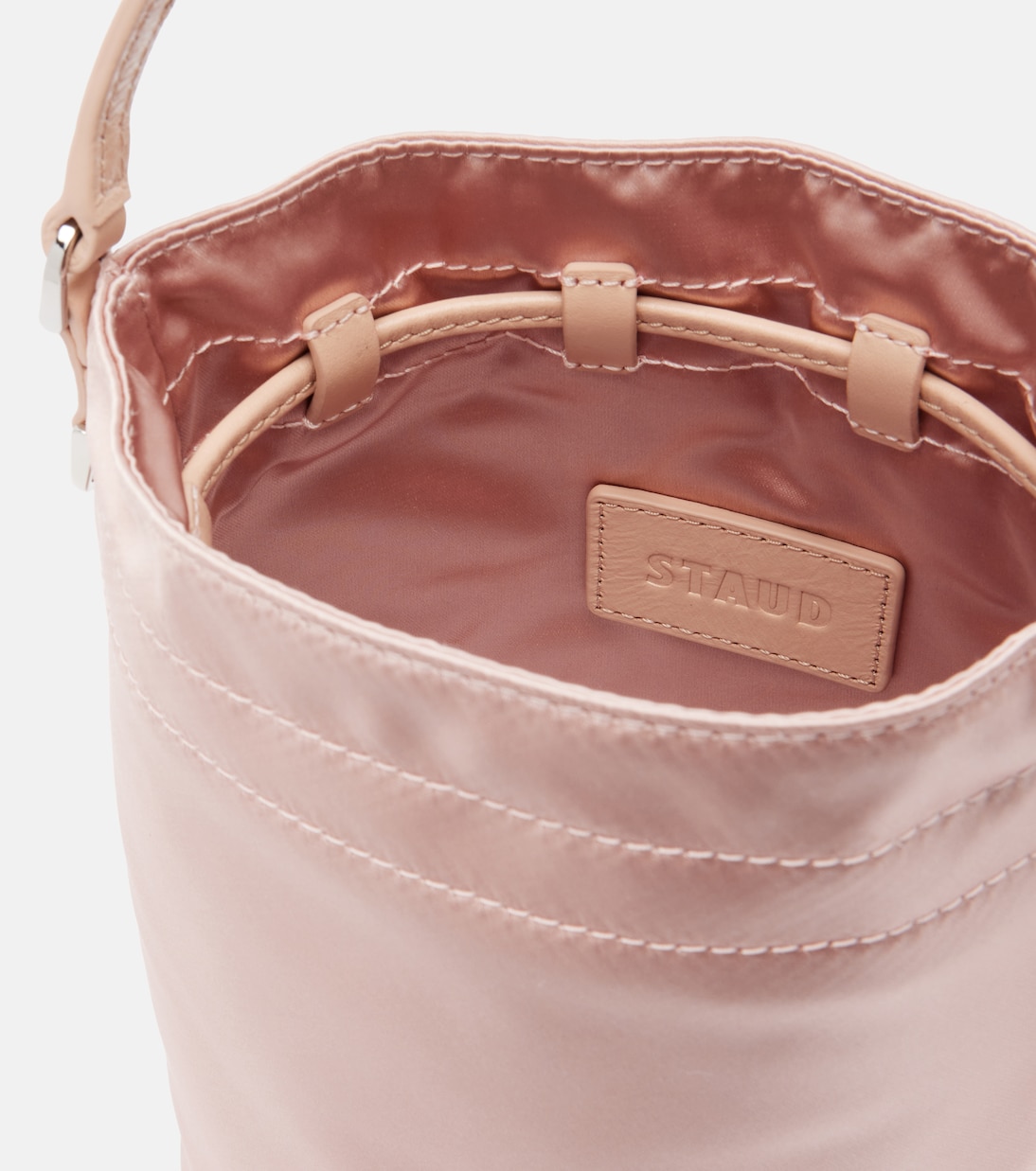 Lila leather-trimmed satin bucket bag | Staud