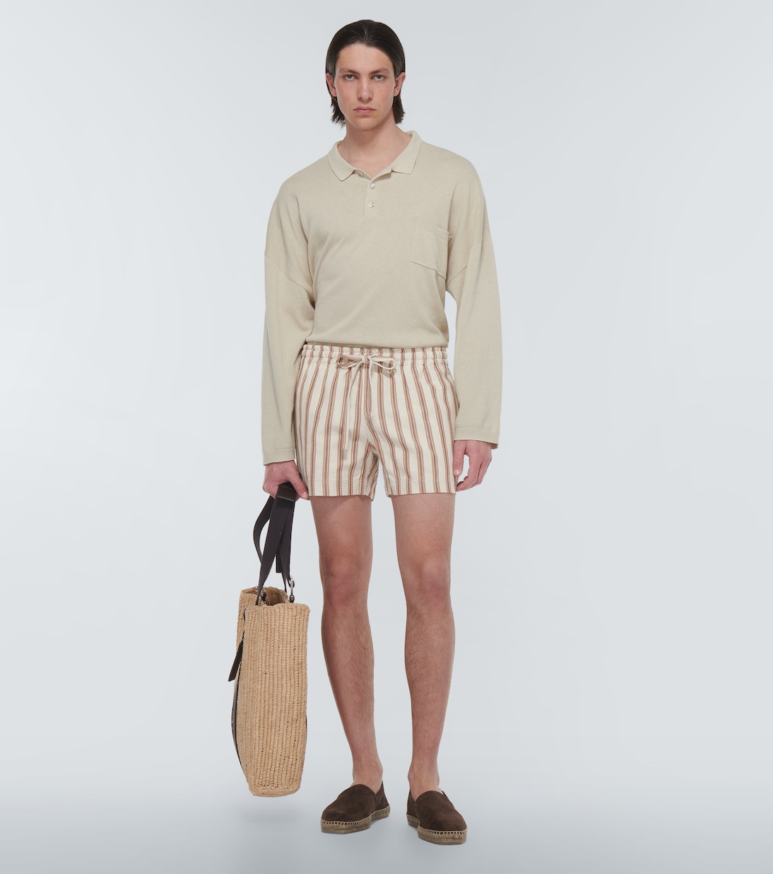 Mocha-stripe cotton-blend shorts | Commas