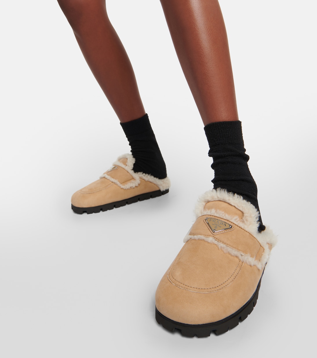 Faux shearling-lined suede slippers | Prada