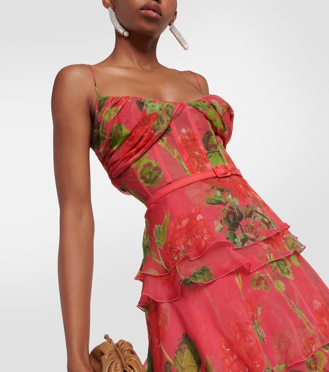 Floral tiered silk chiffon gown in red Oscar De La Renta Mytheresa