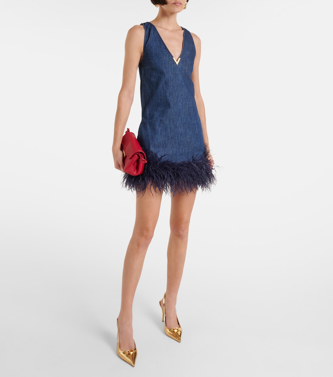 Minikleid VGold aus Denim mit Federn | Valentino