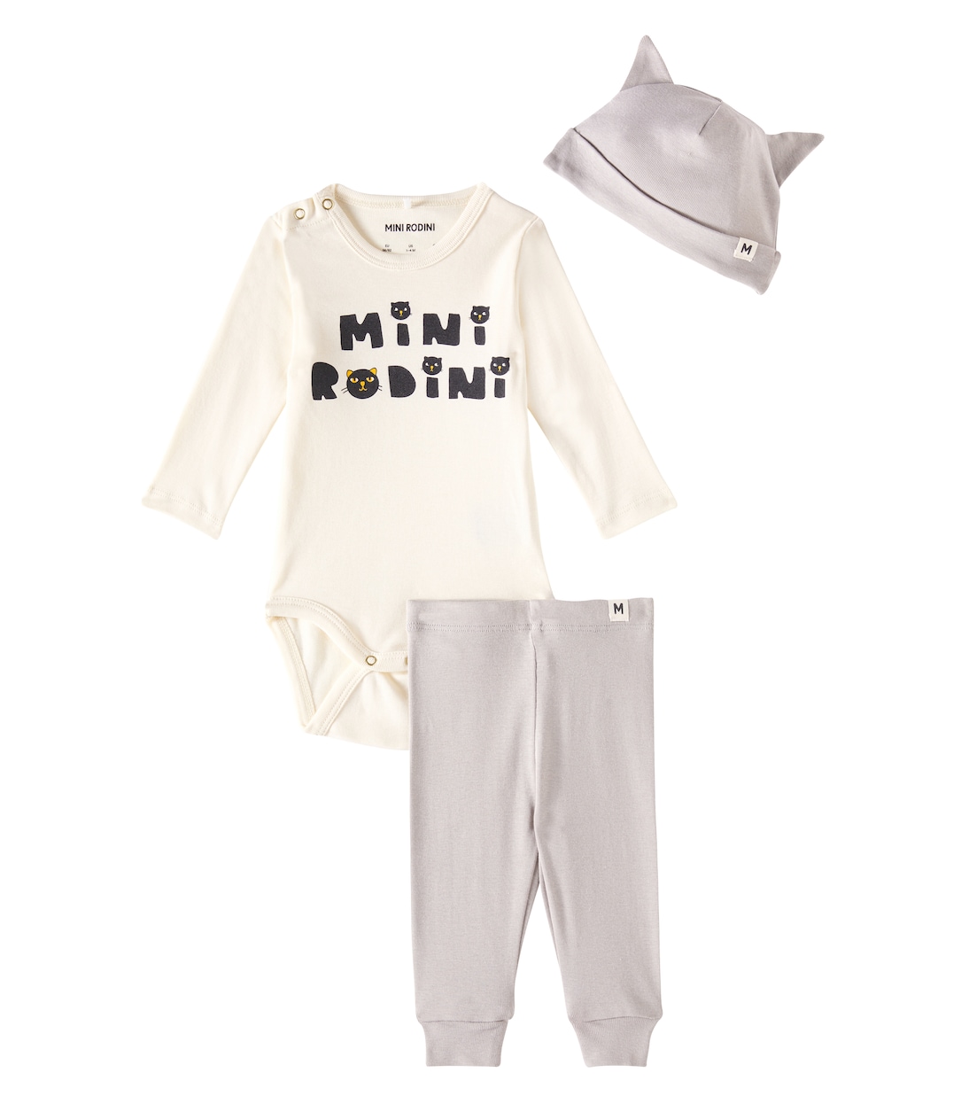 Baby Mini Rodini Cats bodysuit, beanie, and sweatpants set | Mini Rodini