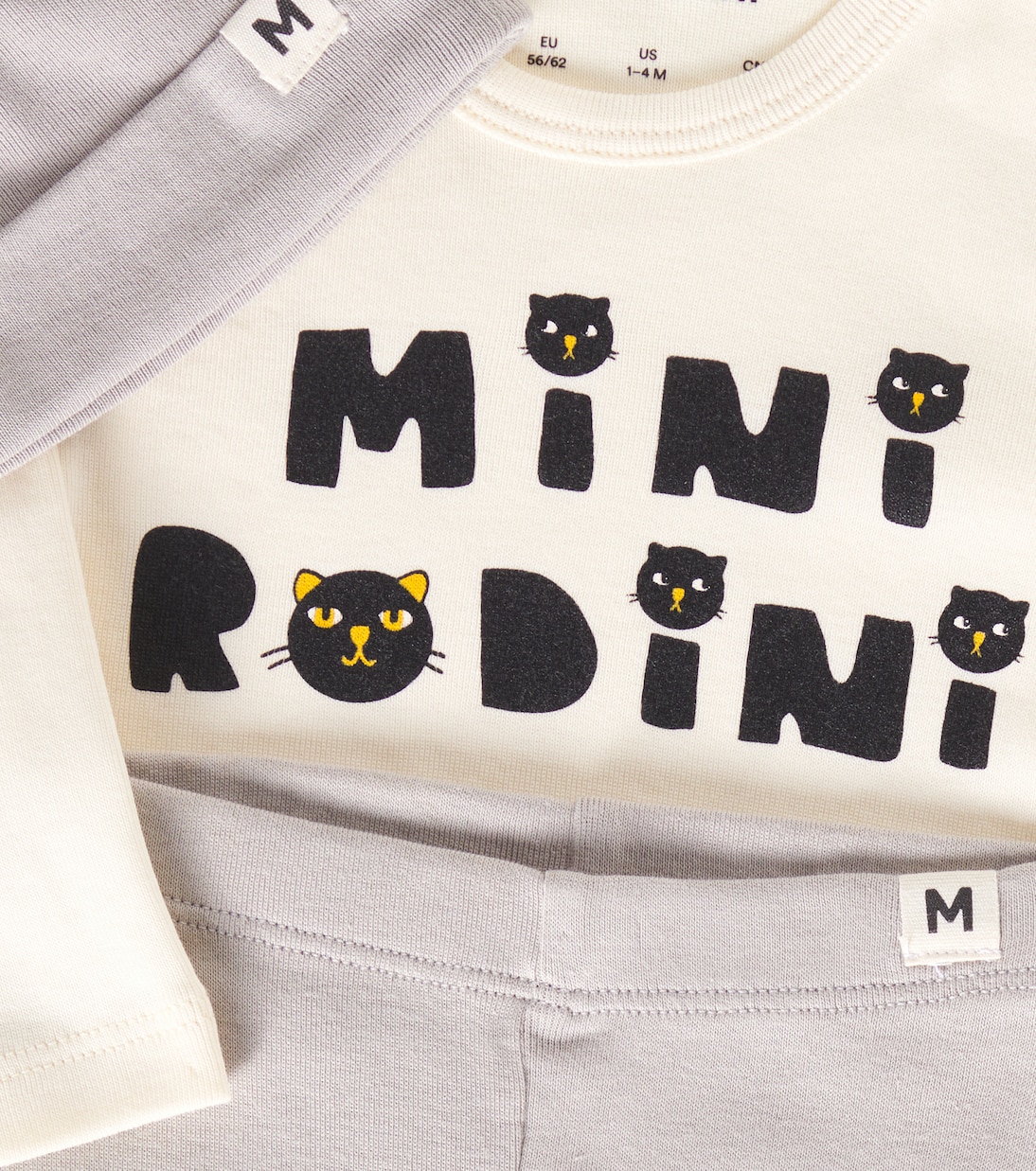 Baby Mini Rodini Cats bodysuit, beanie, and sweatpants set | Mini Rodini