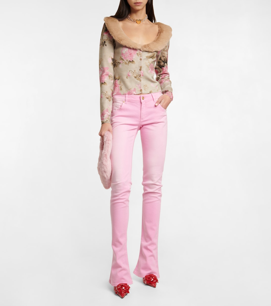 Faux fur-trimmed floral cardigan | Blumarine