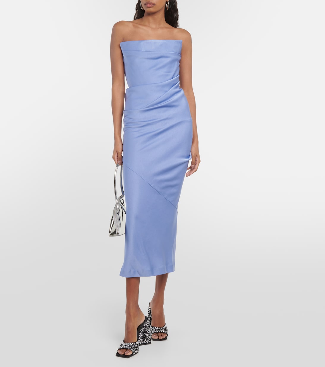 Draped strapless crepe midi dress | Alex Perry