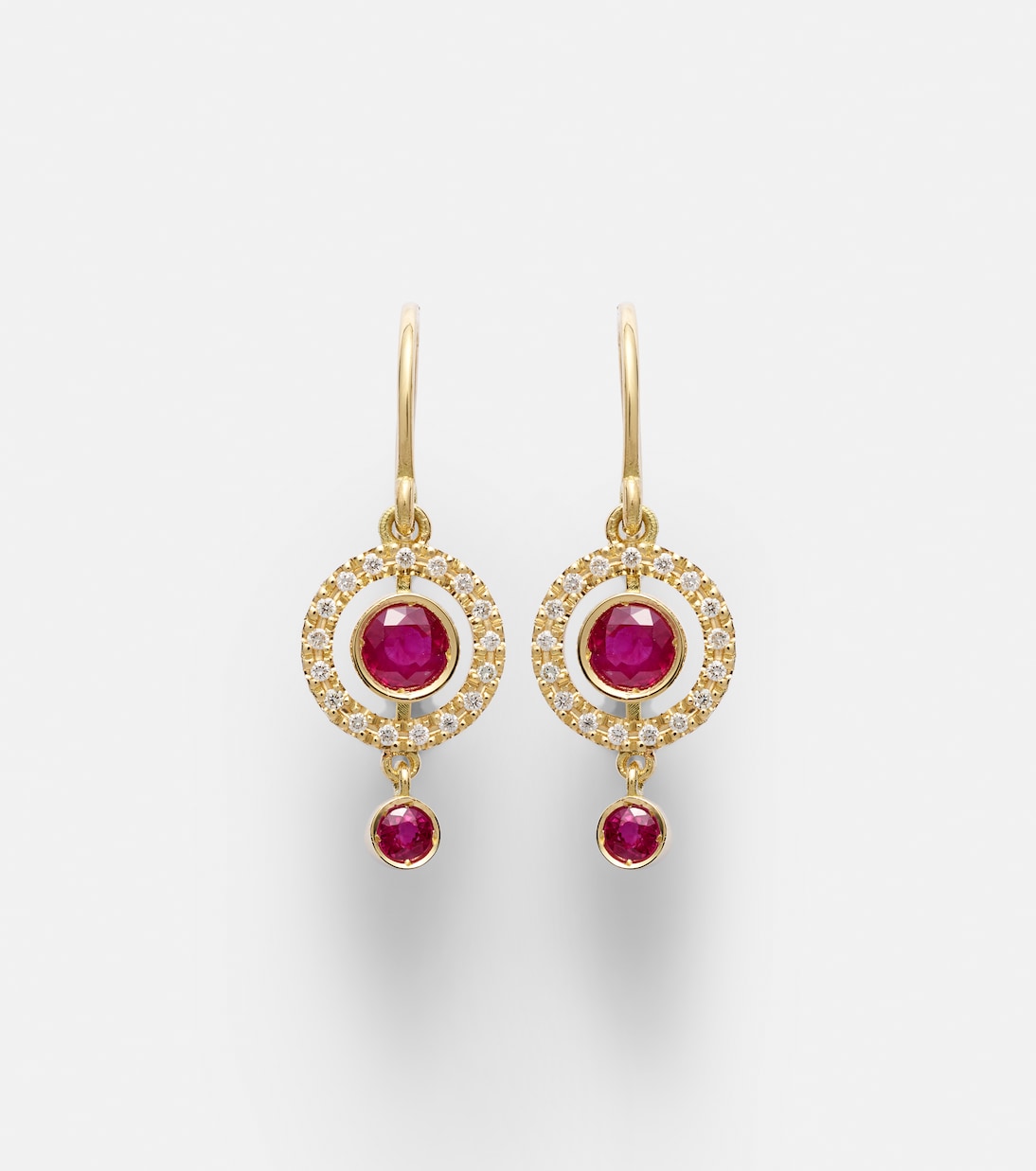 Orbit 18kt gold drop earrings with rubies and diamonds | Ileana Makri