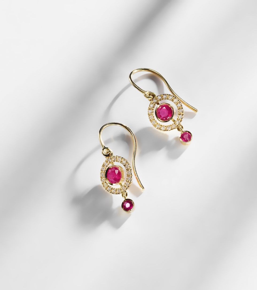 Orbit 18kt gold drop earrings with rubies and diamonds | Ileana Makri