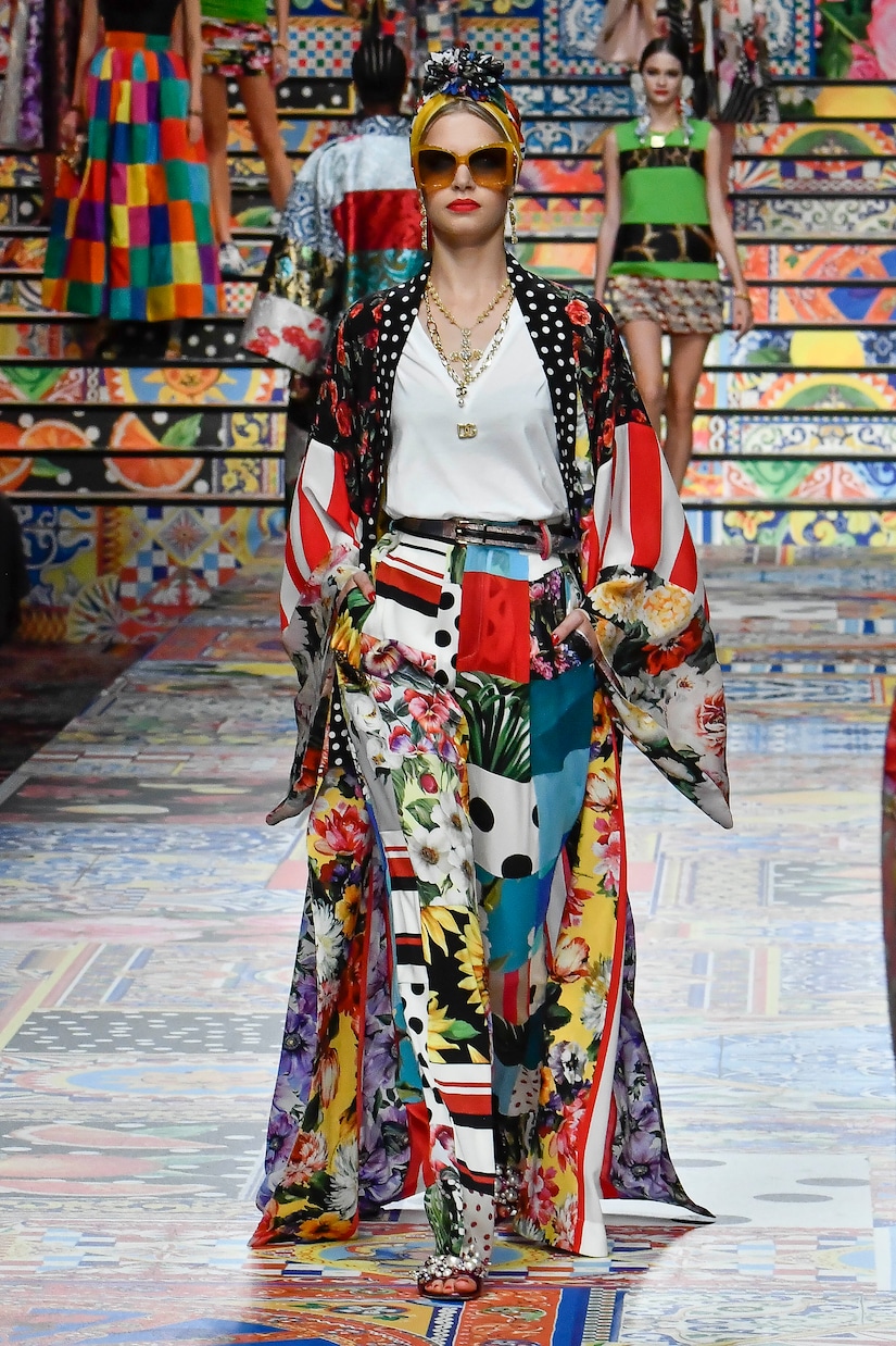 Pantalon imprimé à taille haute en crêpe de soie | Dolce&Gabbana