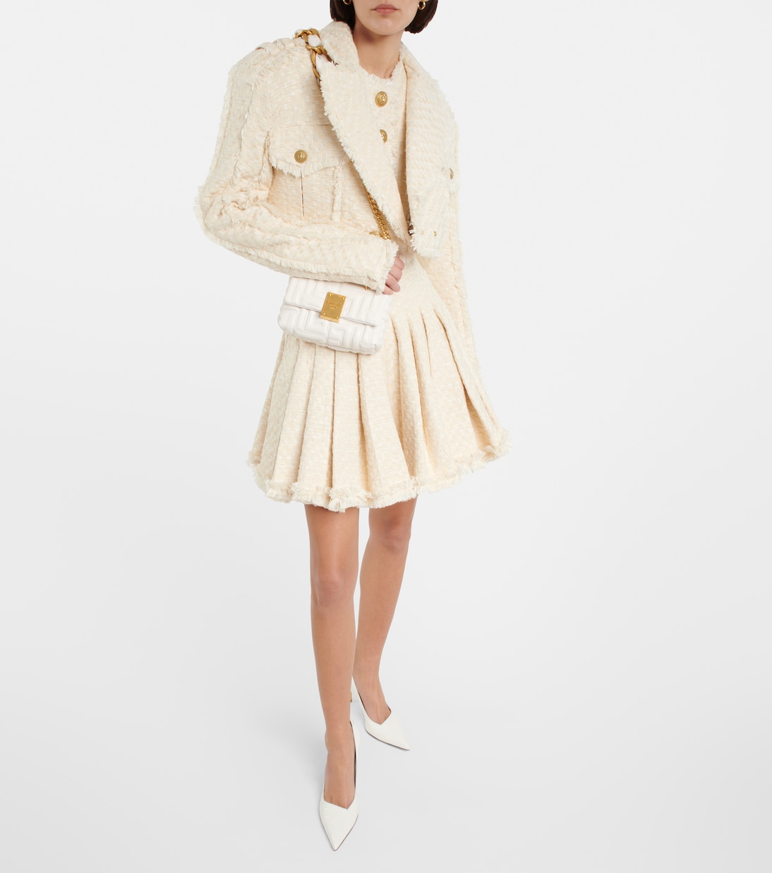 Gonna a pieghe in tweed di misto cotone | Balmain