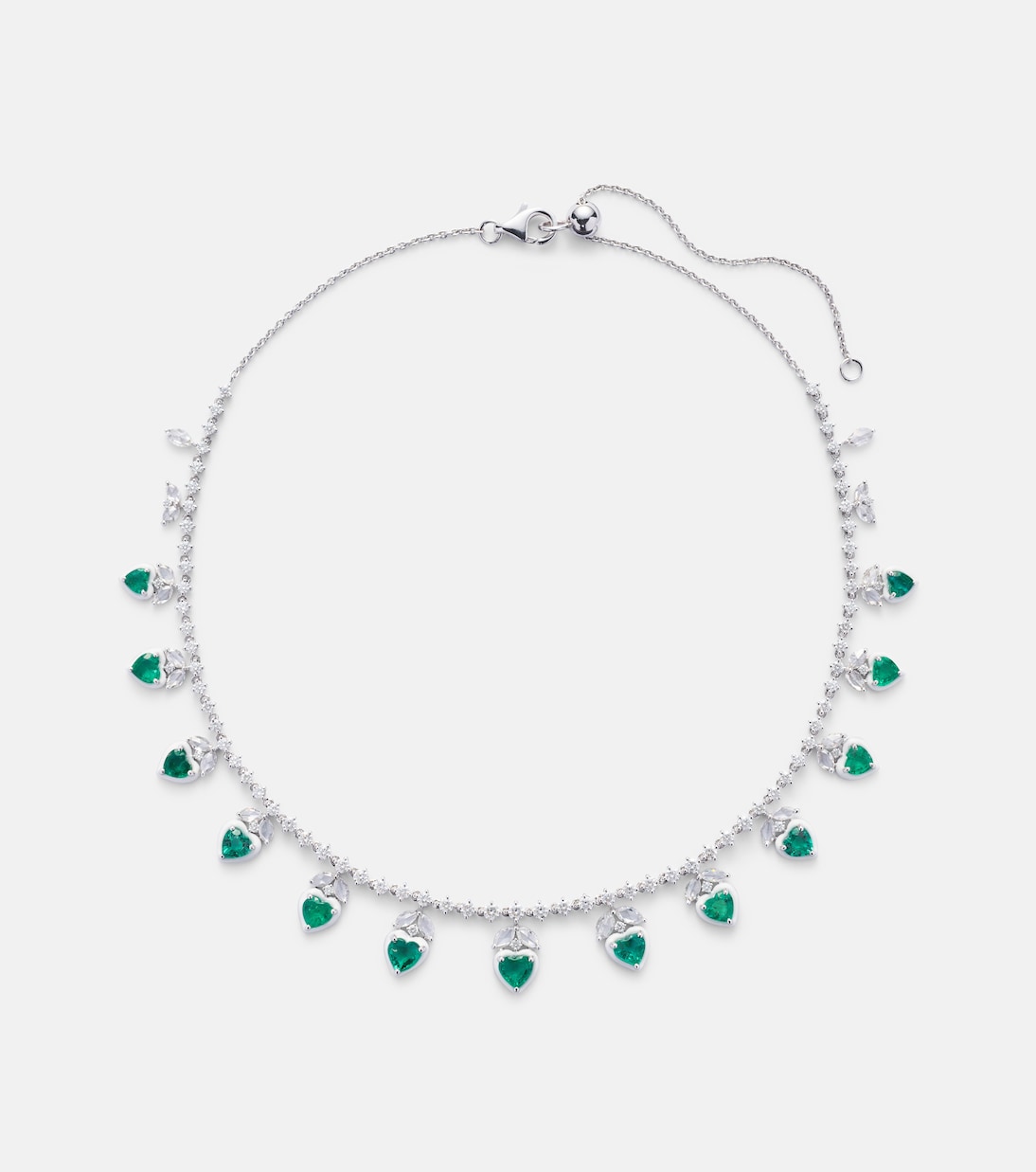 Collana moderna in oro bianco 18kt con smeraldi e diamanti per giovani trendsetter
