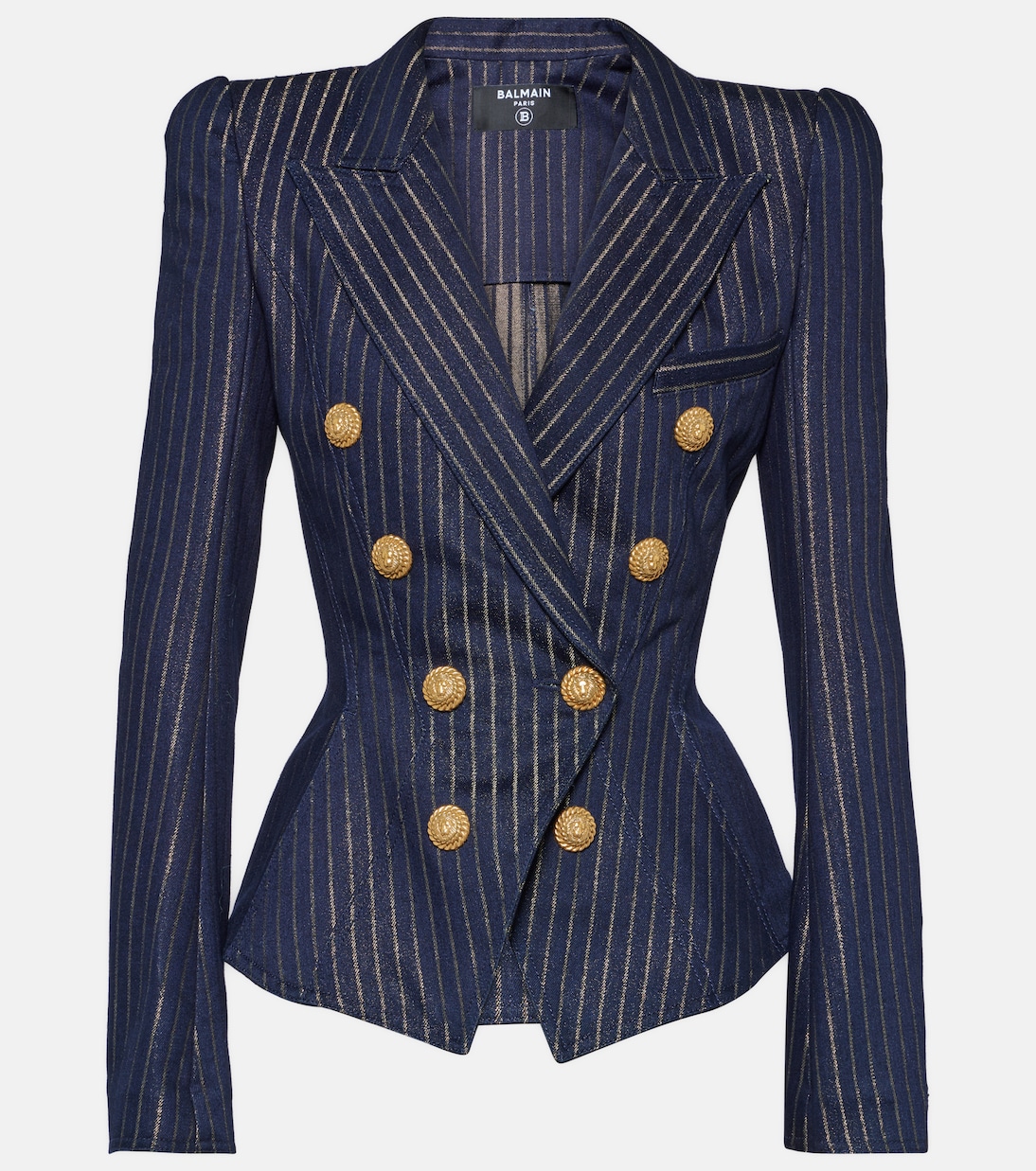 Lurex pinstripe denim blazer in blue Balmain Mytheresa