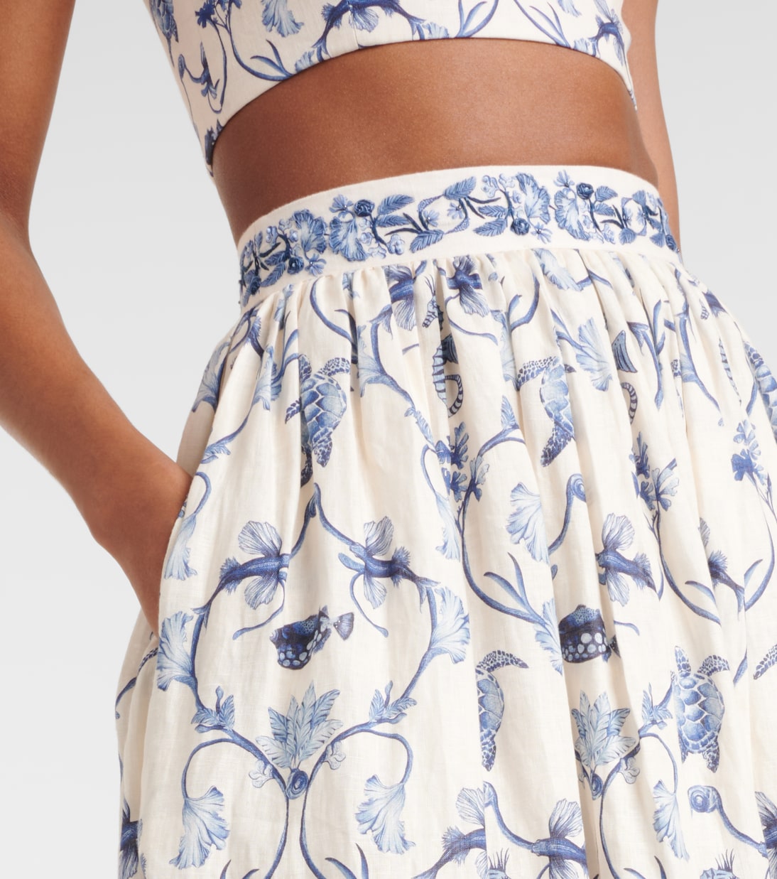 Falda larga de tiro alto de lino estampada | Agua by Agua Bendita