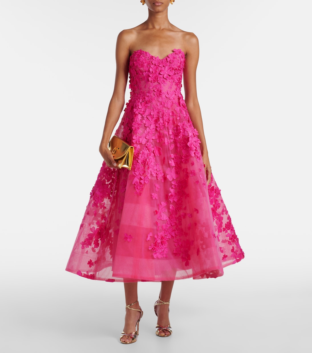 Floral-appliqué tulle midi dress | Monique Lhuillier