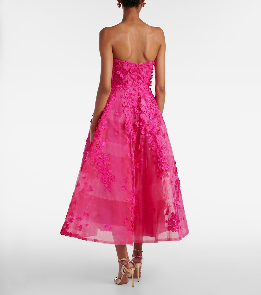 Floral-appliqué tulle midi dress | Monique Lhuillier