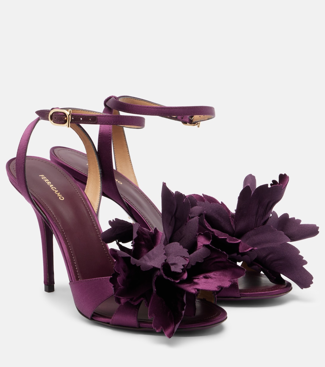 Ghilly 95 floral-appliqué satin sandals  | Ferragamo