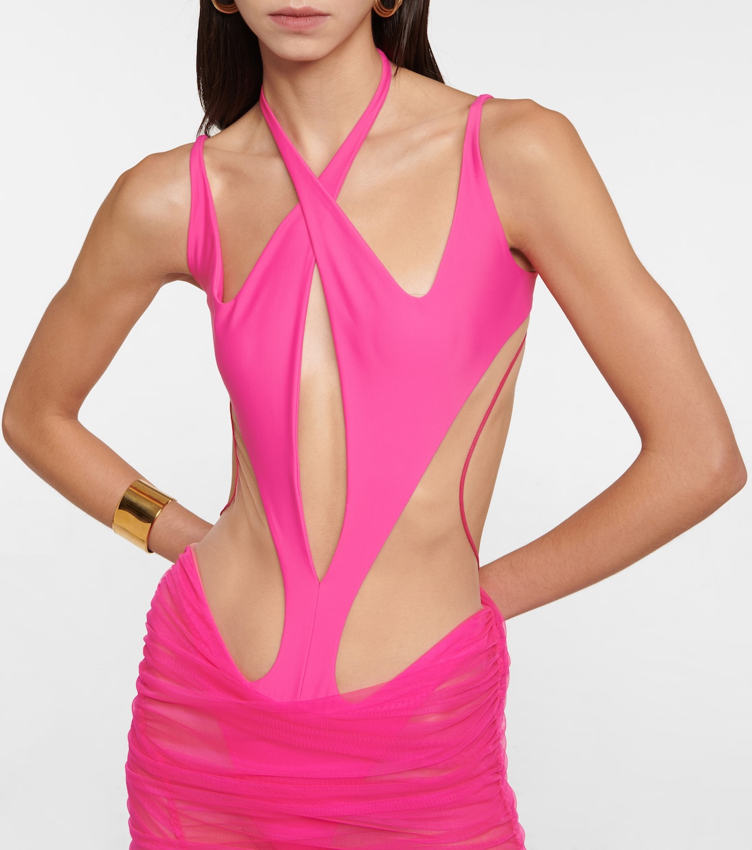 Cutout paneled tulle midi dress | Mugler