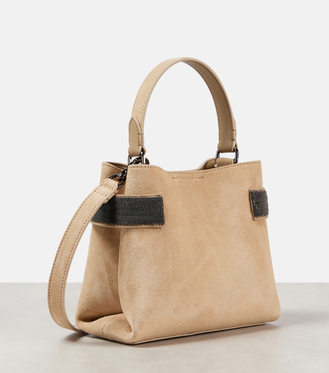 Borsa a spalla in suede con monili | Brunello Cucinelli