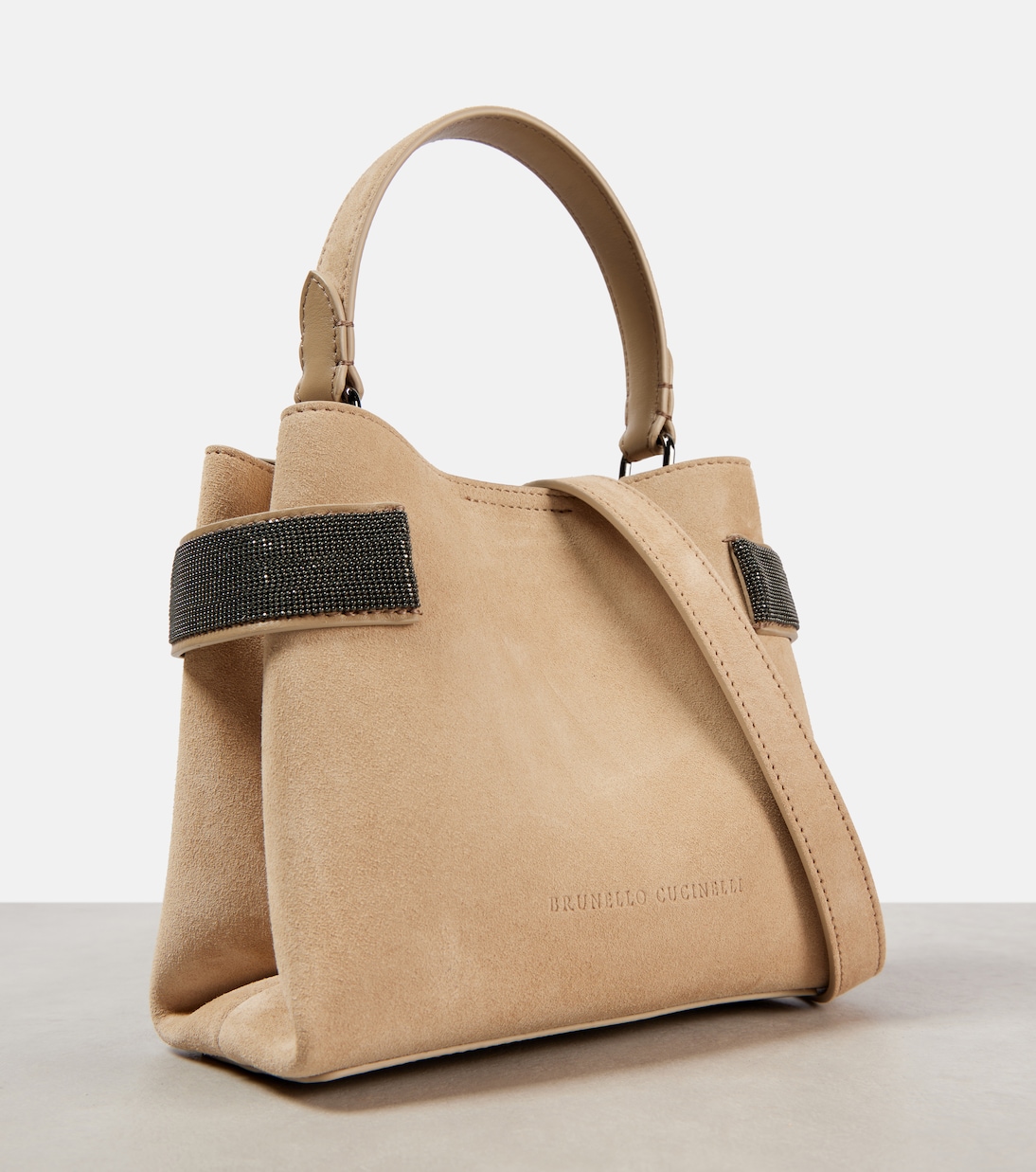 Borsa a spalla in suede con monili | Brunello Cucinelli