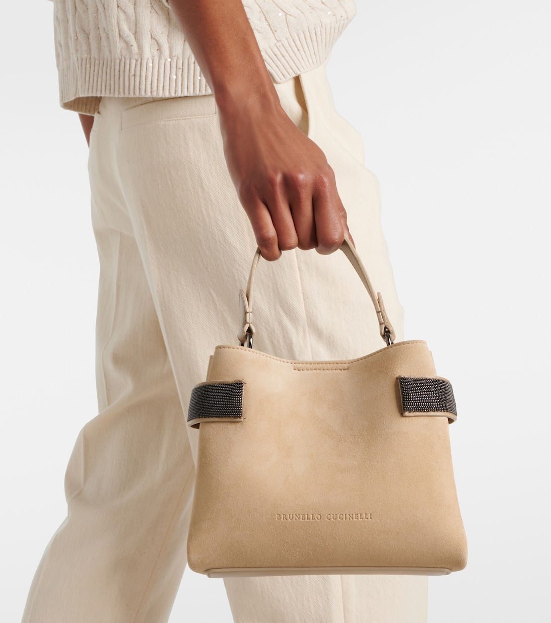 Borsa a spalla in suede con monili | Brunello Cucinelli