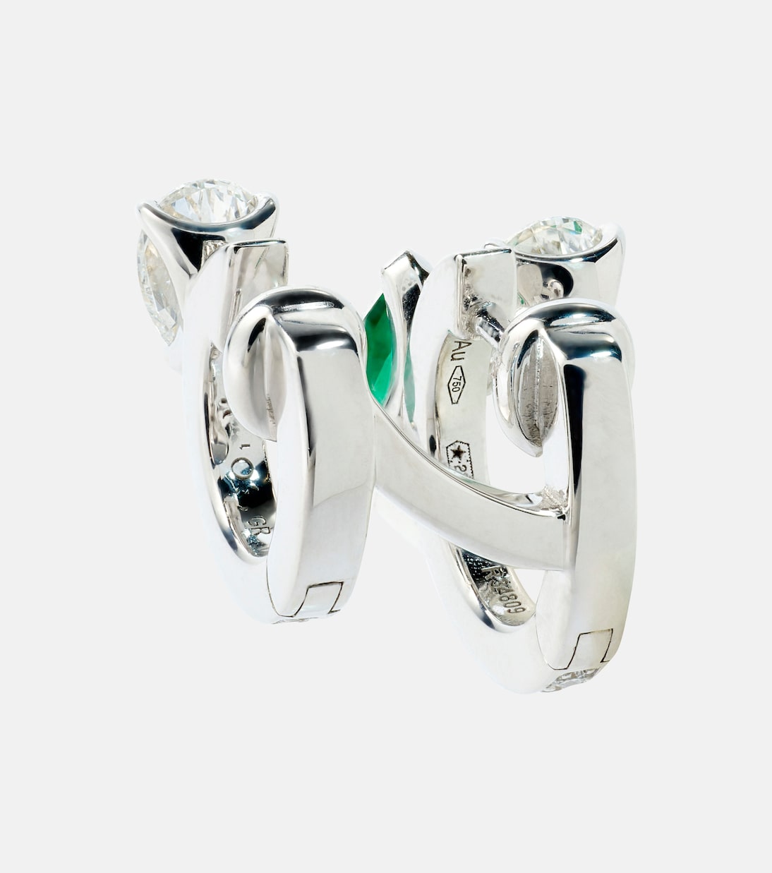 Orecchino unico in oro bianco 18kt REPOSSI, con dettagli in diamanti e smeraldo, design moderno per giovani trendy.