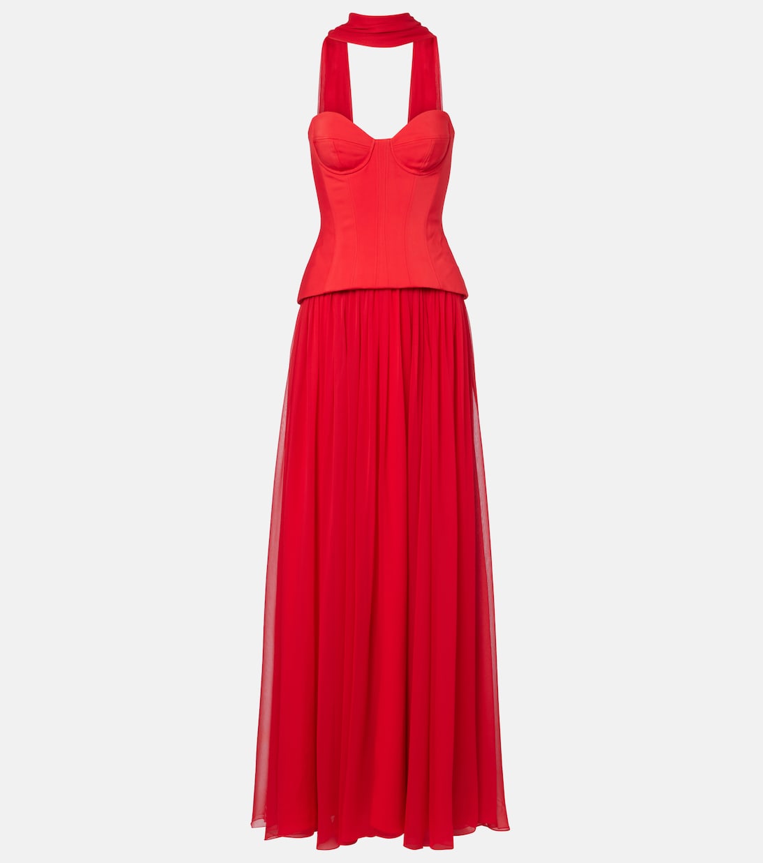 Vermilion crêpe and chiffon corset gown | Monique Lhuillier