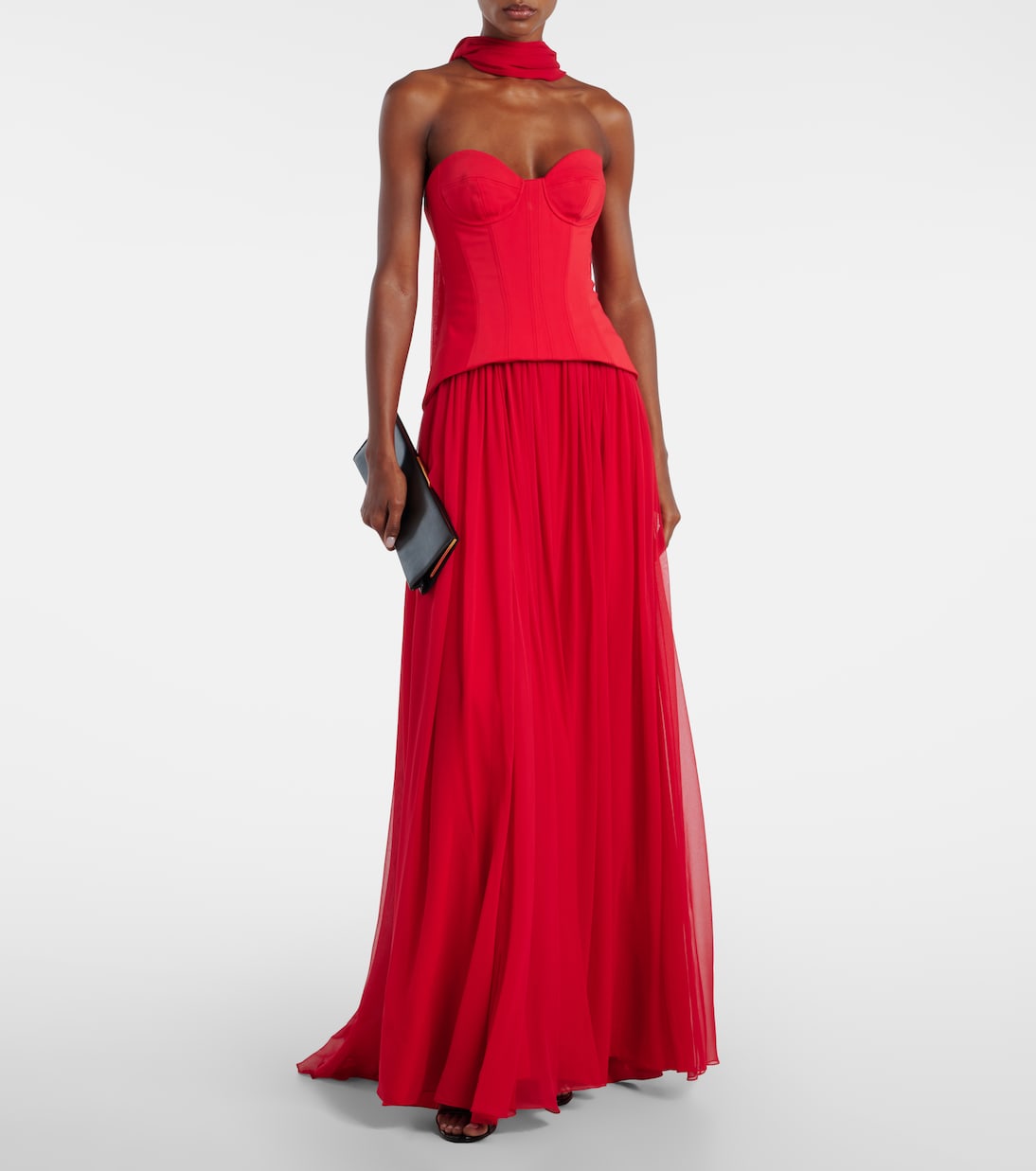 Vermilion crêpe and chiffon corset gown | Monique Lhuillier