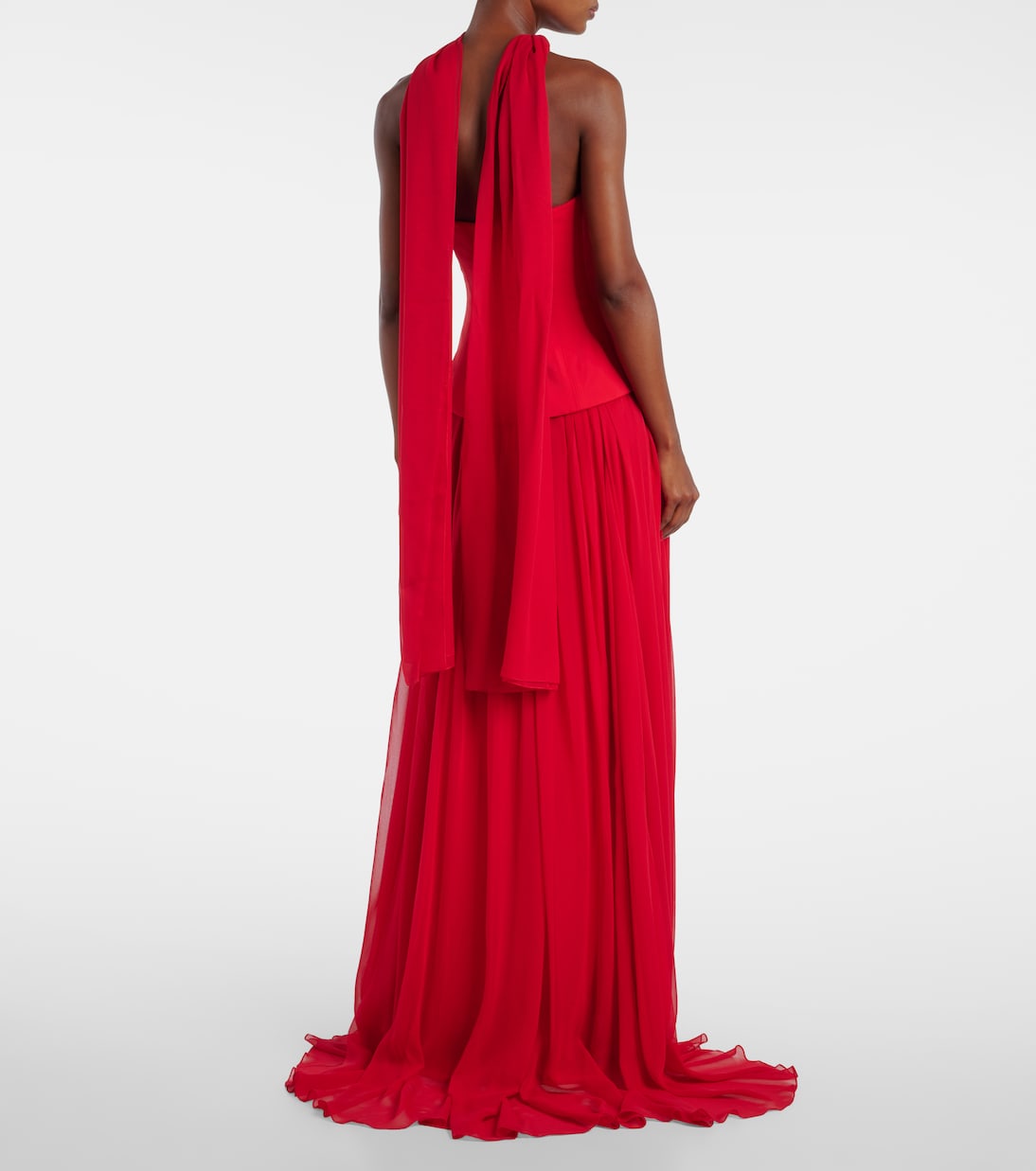 Vermilion crêpe and chiffon corset gown | Monique Lhuillier